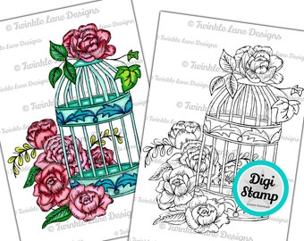 Floral Birdcage, Digi Stamp - Instant Download