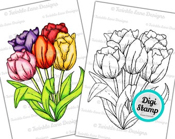 Tulip Flowers, Digi Stamp - Instant Download