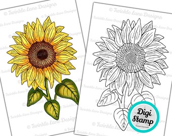 Single Sunflower, Digi Stamp - Instant Download