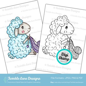 Sheep Knitter, Digi Stamp Instant Download image 1