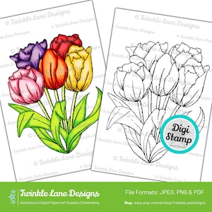 Tulip Flowers, Digi Stamp Instant Download image 1