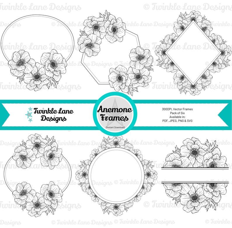 Anemone Floral Frames, SVG Frames Instant Download image 1