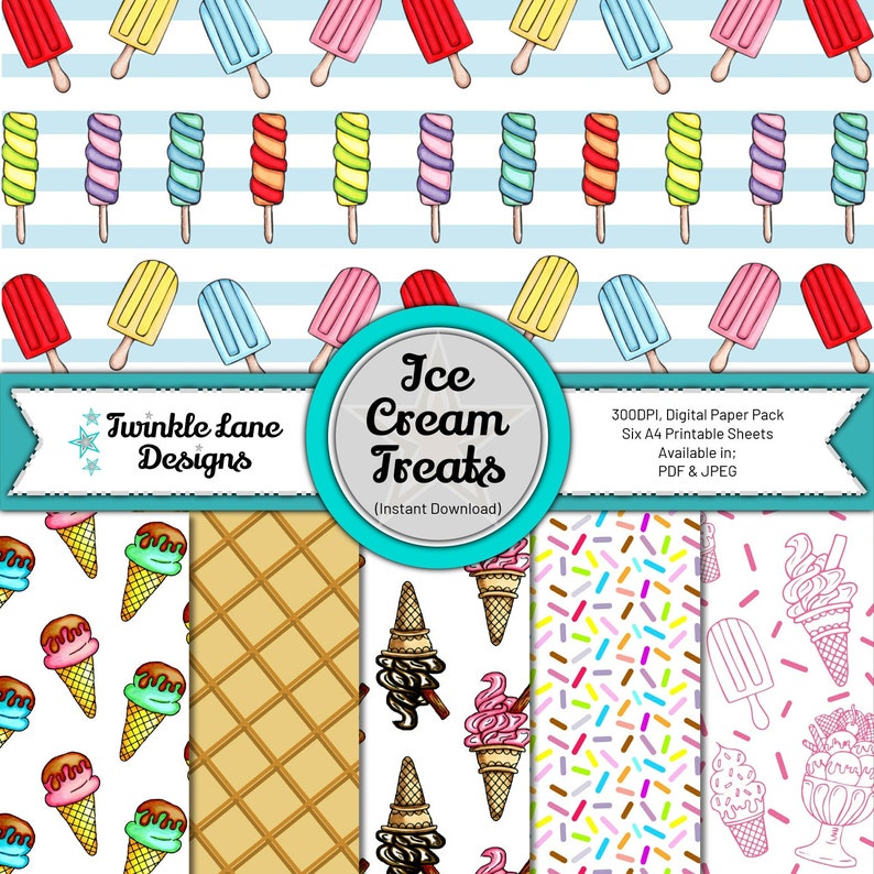 Ice Cream Treats, Digital Paper Pack Instant Download image 1