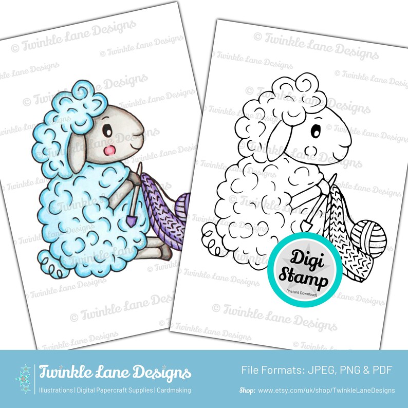 Sheep Knitter, Digi Stamp Instant Download image 1