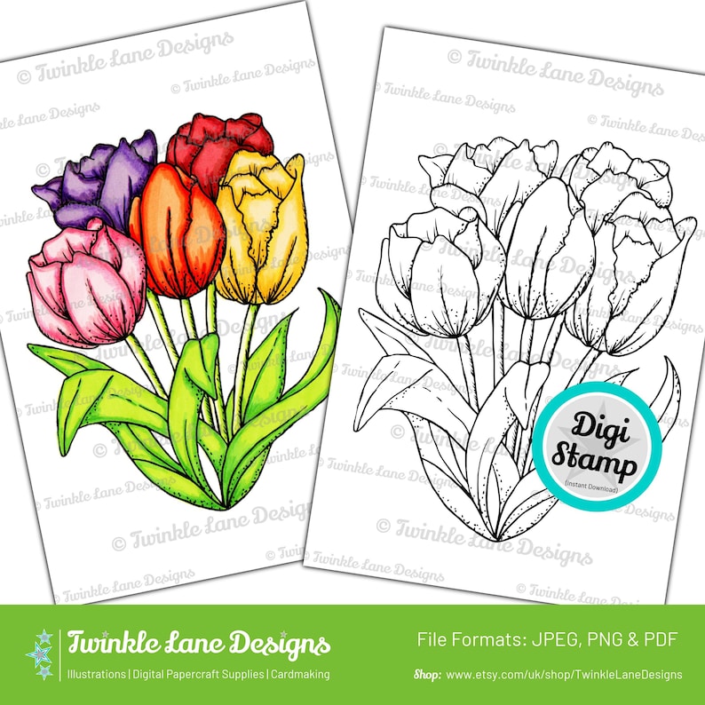 Tulip Flowers, Digi Stamp Instant Download image 1