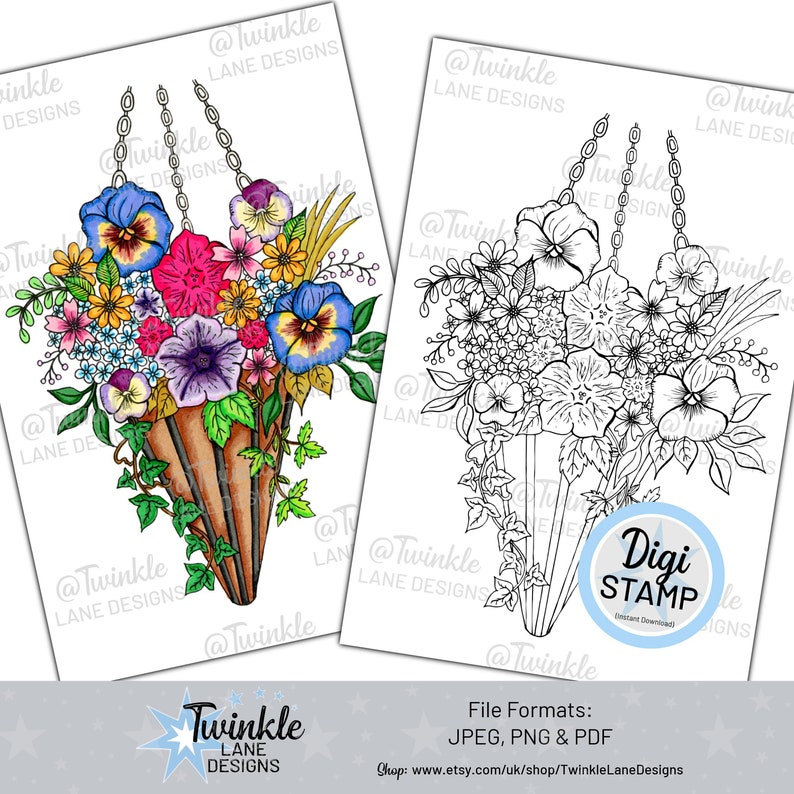 Hanging Basket Digi Stamp  Instant Download image 0