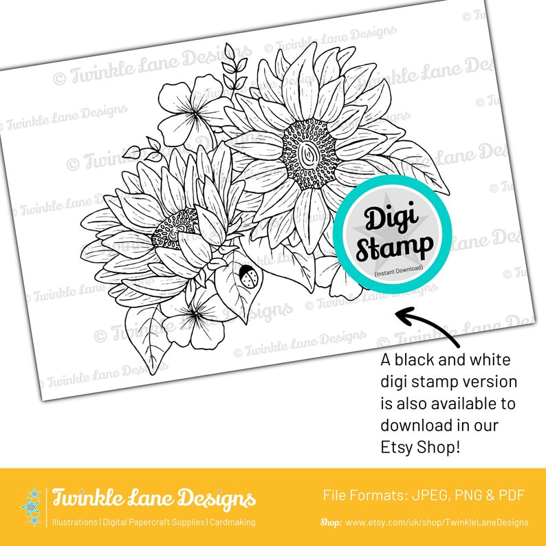 Coloured Sunflowers, Digi Stamp Instant Download image 4