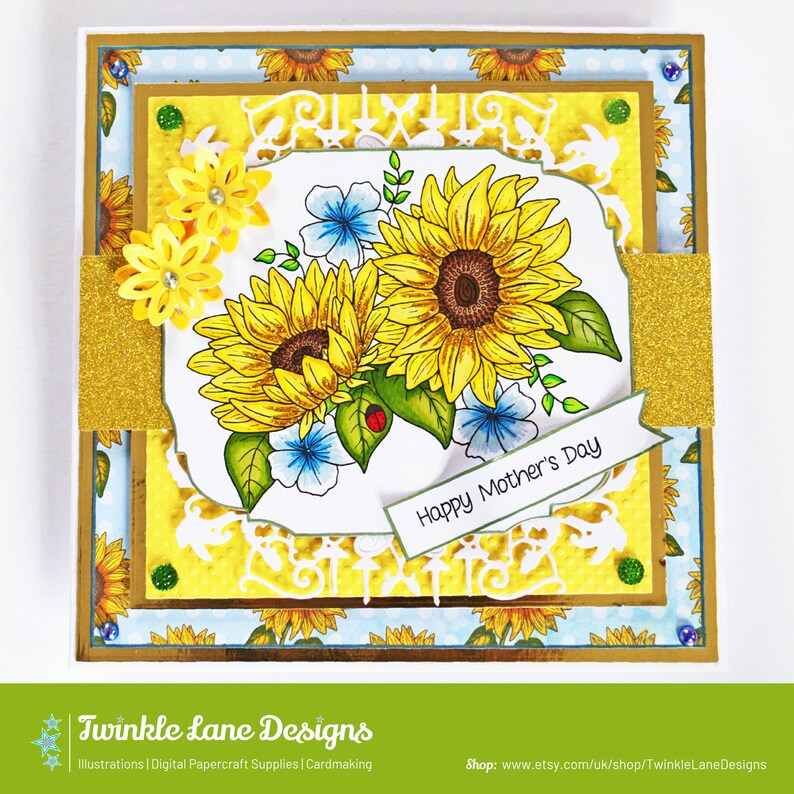 Coloured Sunflowers, Digi Stamp Instant Download image 2