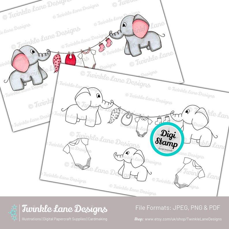 Digi Stamp Cute Baby Elephants Instant Download