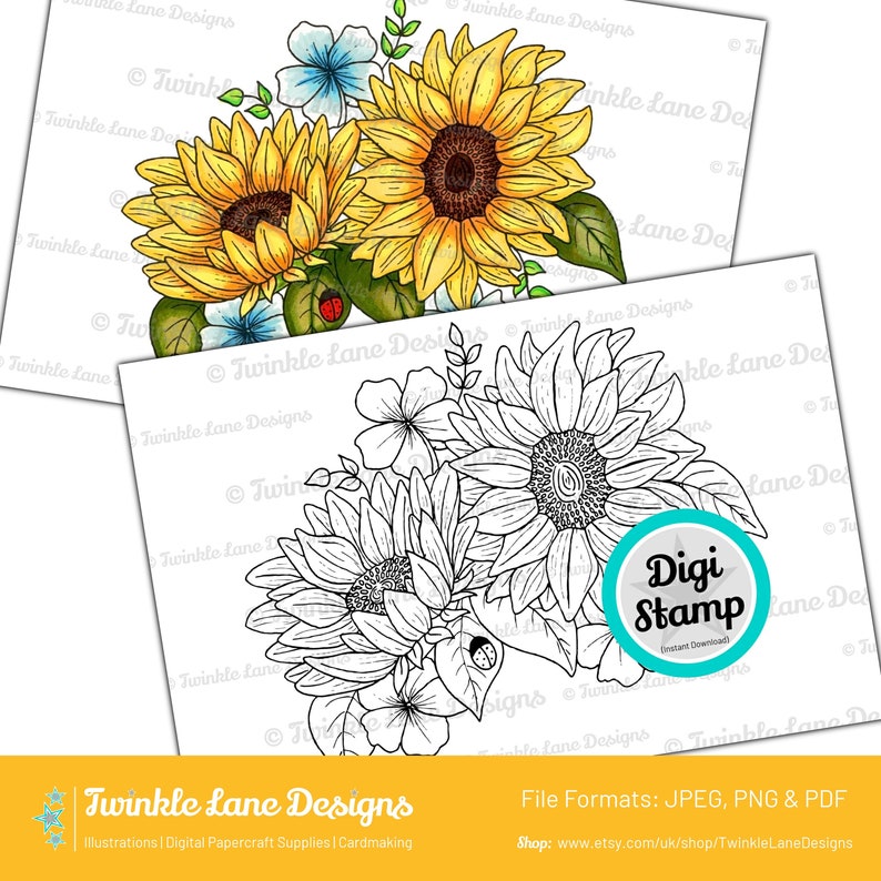 Sunflower Bouquet, Digi Stamp Instant Download image 1