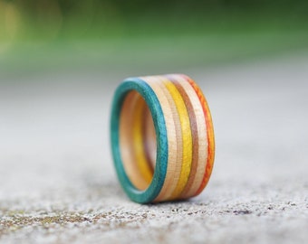 Recycled skateboard wood ring, orange red blue