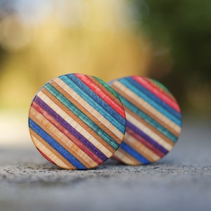 Recycled Skateboard ear Plug, wooden blue ear gauge, handcrafted tunnel