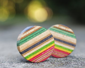 Recycled Skateboard ear Plug, Wooden orange blue ear gauge, handcrafted tunnel