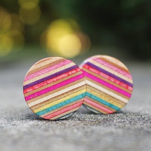 May include: Two round wooden earrings with a colorful striped pattern. The stripes are pink, purple, yellow, blue, and green.
