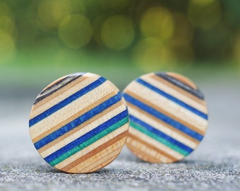 Recycled Skateboard ear Plug, Wooden orange blue ear gauge, handcrafted tunnel