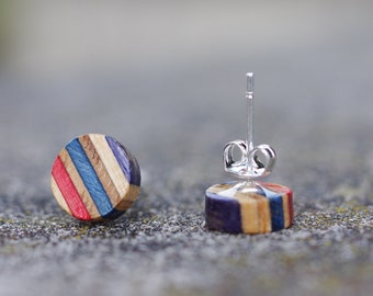 Recycled SKATEBOARD earring, 7PLIS blue and red wood, real 925 silver round
