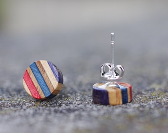 Recycled SKATEBOARD earring, 7PLIS blue and red wood, real 925 silver round