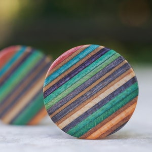 May include: Two round wooden coasters with a colorful striped pattern. The coasters are made from recycled skateboard decks and feature a variety of colors, including green, blue, purple, orange, and brown.