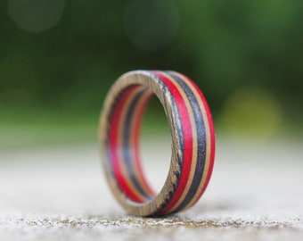 Recycled skateboard wood ring, orange red blue