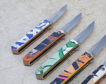 Recycled SKATEBOARD knife 7PLIS, blue red wood, unique handmade model