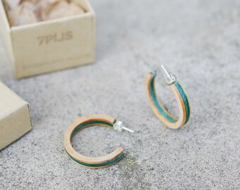 Recycled SKATEBOARD earring, 7PLIS blue wood, real 925 silver round
