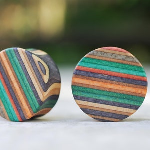 Può includere: Due gauge per orecchie rotonde in legno con un motivo a strisce multicolore. Le gauge sono realizzate in legno di skateboard riciclato e presentano sfumature di verde, arancione, marrone e nero.