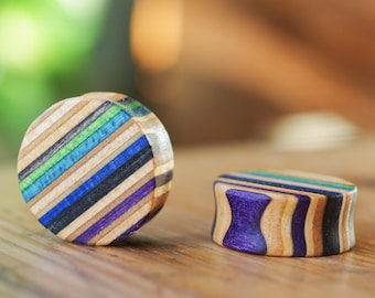 Recycled Skateboard ear Plug, Wooden blue green wood ear gauge, handcrafted tunnel