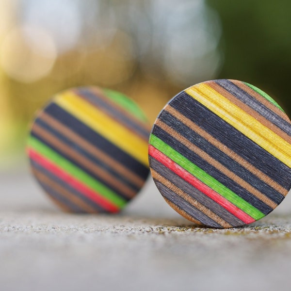 Recycled Skateboard ear Plug, wooden black green red yellow ear gauge, handcrafted tunnel