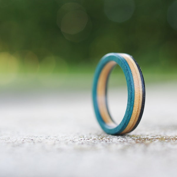 Recycled skateboard wood ring, orange red blue