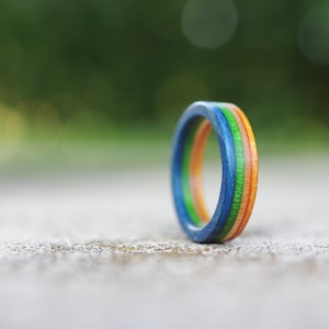 Recycled skateboard wood ring, orange red blue