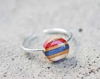 Recycled SKATEBOARD ring, blue red orange green wood, 7PLIS wood resin metal