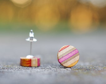 Recycled SKATEBOARD earring, 7PLIS yellow pink orange and wood, real 925 silver round