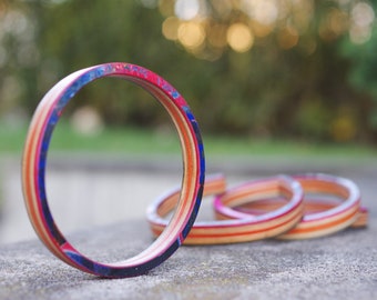 Recycled SKATEBOARD bracelet, black orange blue wood, handmade