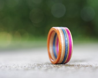 Recycled skateboard wood ring, orange red blue