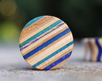 Recycled Skateboard ear Plug, Wooden blue black purple ear gauge, handcrafted tunnel