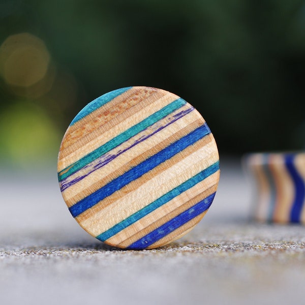 Recycled Skateboard ear Plug, Wooden blue black purple ear gauge, handcrafted tunnel