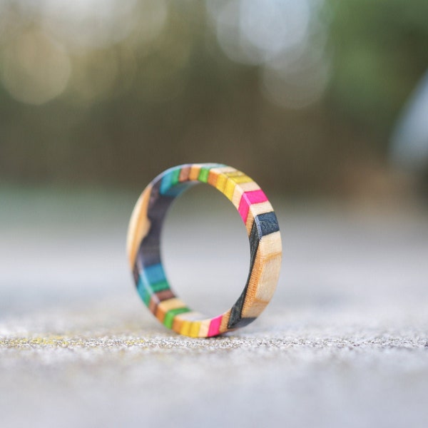 Recycled skateboard wood ring, pink green black blue
