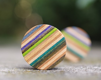 Recycled Skateboard ear Plug, Wooden blue red pink ear gauge, handcrafted tunnel