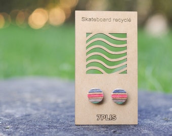 Recycled SKATEBOARD earring, 7PLIS black red wood, real 925 silver round