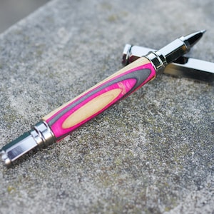 Fountain pen SKATEBOARD recycled 7PLIS, red orange blue green wood, handmade