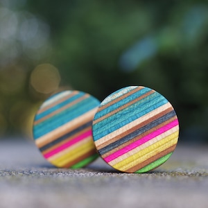 Recycled Skateboard ear Plug, Wooden green pink ear gauge, handcrafted tunnel