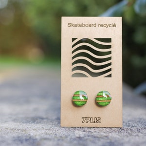 Recycled resin SKATEBOARD earring, 7PLIS green wood, real 925 silver round