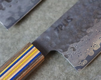 Recycled SKATEBOARD knife, Japanese Kiritsuke DAMASCUS, black blue pink wood, handmade in France
