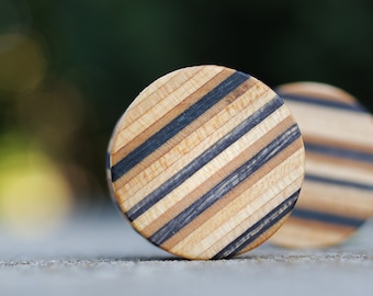 Recycled Skateboard ear Plug, Wooden black ear gauge, handcrafted tunnel