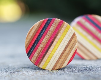 Recycled Skateboard ear Plug, Wooden red ear gauge, handcrafted tunnel