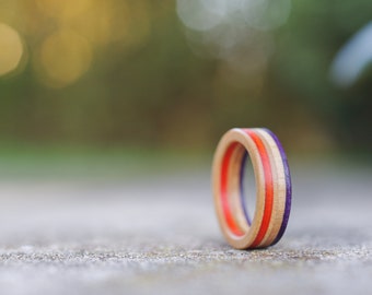 skateboard recycled wood ring purple orange