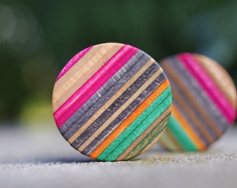 Recycled Skateboard ear Plug, Wooden green pink ear gauge, handcrafted tunnel