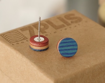 SKATEBOARD recycled wood round earrings green orange red black grey purple blue yellow #madeinfrance