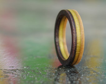 RECYCLED ring from a used purple and yellow SKATEBOARD (wood)