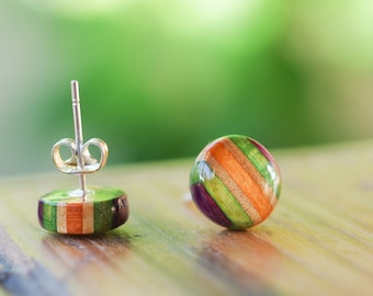 Round earring SKATEBOARD recycled & resin, 7PLIS purple orange and wood, genuine 925 silver round